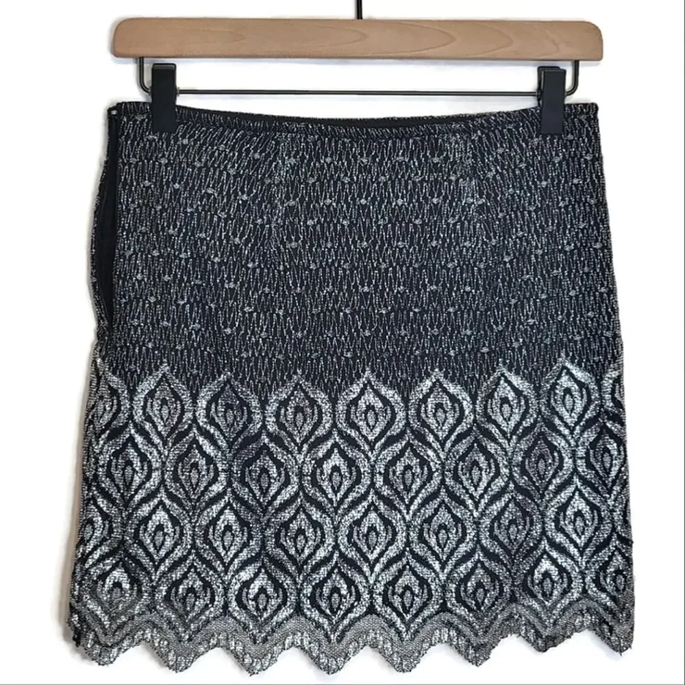Free People Metallic Lace Geometric Print Mini Skirt Party Black Silver 2